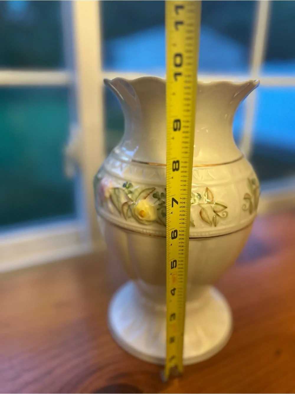 Belleek White Ceramic Vase with Pink and Yellow Floral Band